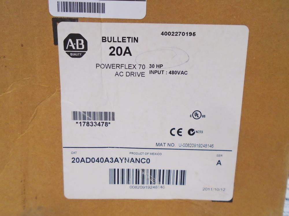 Allen Bradley 30HP Powerflex 70 Adjustable Frequency AC Drive 20AD040A3AYNANC0